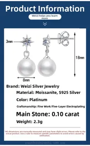 Detail view of S925 silver moissanite earrings with an 8mm pearl and star stud