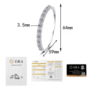 Detail view of 3.5mm moissanite silver bangle with size chart and GRA certificate
