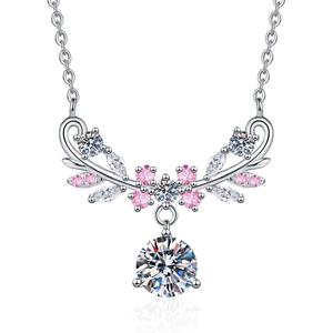 Elegant S925 sterling silver necklace with pink floral petals and a 1-carat moissanite stone