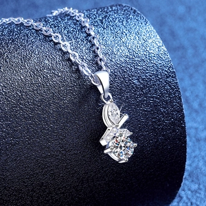 Collier en argent S925 avec moissanite, pendentif feuille de bambou coupe marquise et rond