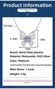 Detail of S925 silver butterfly necklace with 1 carat moissanite and dimensions