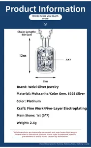 Detailed size specifications for S925 silver necklace with 1ct rectangle pendant