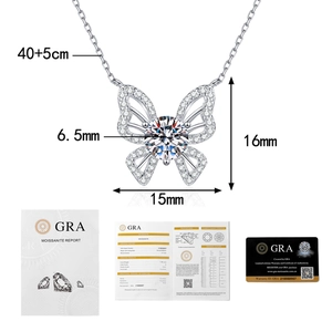 Detail view of 1ct Moissanite butterfly necklace with GRA certificate and measurements