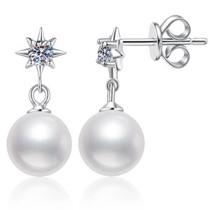 Elegant S925 sterling silver pearl earrings with star-shaped moissanite studs