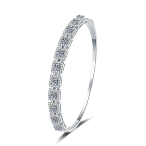 Polished silver moissanite bracelet with square halo links and sparkling side stones
