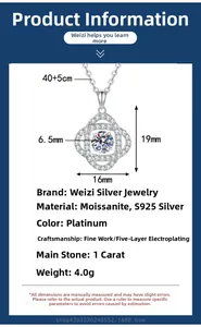 Détails du collier en argent S925 moissanite avec dimensions et spécifications du diamant