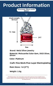 Detailed view of S925 silver necklace with 1ct ruby and heart-shaped moissanite pendant