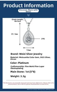 Detailed view of teardrop moissanite necklace dimensions and S925 sterling silver specs