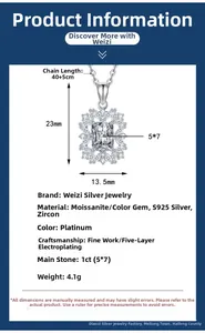 Detailed size specifications for S925 sterling silver moissanite pendant necklace