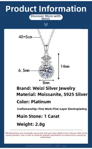 Détail du pendentif moissanite 1ct avec dimensions 14mm et chaîne S925 argent 40+5cm
