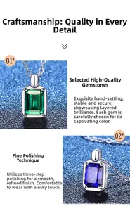 Close-up of rectangle emerald and sapphire pendants with polished silver finish
