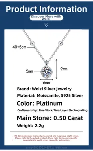 Macro view of 0.5ct Moissanite pendant with dimensions and S925 silver material specifications