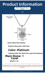 Detail view of S925 silver bow necklace with 1 carat Moissanite and size measurements