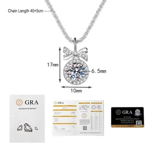 S925 sterling silver moissanite bow necklace with 1 carat D color stone and GRA certificate