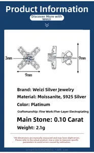 Detailed specs of X-shaped S925 silver moissanite earrings with platinum plating