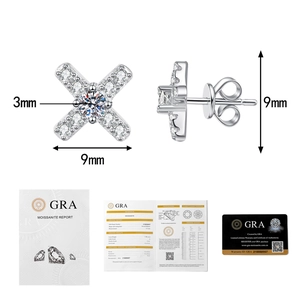 Close-up of X-shaped moissanite earrings with GRA certificate and detail specs