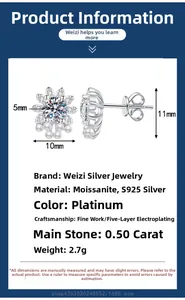 Detail showing S925 silver moissanite sunflower earrings with pearls and dimensions
