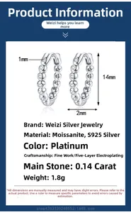 Detailed specs of S925 silver moissanite hoop earrings showing 14mm diameter and 2mm width