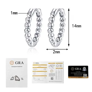 Detail view of S925 silver moissanite hoop earrings with GRA certificate and size dimensions
