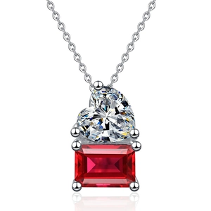 S925 sterling silver necklace with heart-shaped crystal and rectangular ruby pendant