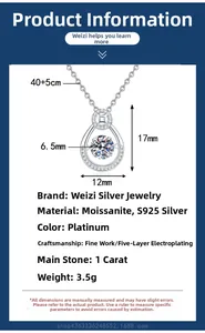 Detailed size specifications for S925 sterling silver moissanite teardrop pendant necklace