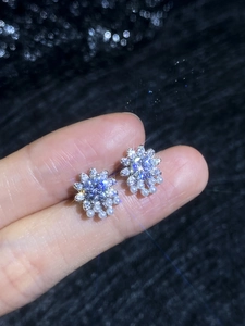 Macro shot of S925 silver snowflake earring with moissanite and mini pearls details