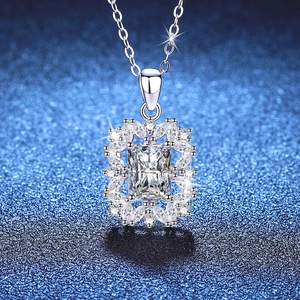 Luxurious S925 sterling silver necklace with emerald cut moissanite and floral halo