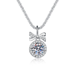 Elegant 1 carat Moissanite pendant necklace in S925 silver with sparkling bow detail