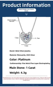 Detailed size chart of the heart-shaped 1ct moissanite 925 sterling silver necklace