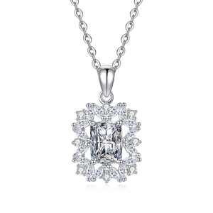 Luxurious S925 sterling silver necklace with emerald cut moissanite and halo pendant