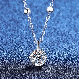 Elegant S925 silver necklace with sparkling round cut moissanite pendant on pearl chain