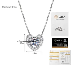 Detail view of heart necklace with dimensions, 1ct moissanite stone and GRA certificate