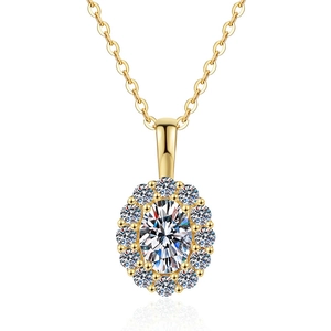 Lujoso collar de plata de ley S925 con colgante ovalado de oro y diseño tipo halo