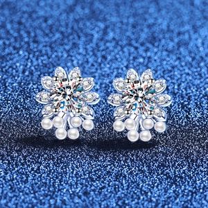 Moissanite Flower Stud Earrings With 925 Sterling Silver Earring Post And Artificial Pearl Dainty Elegant Jewelry For Women