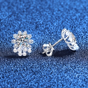 S925 sterling silver flower earrings with moissanite center and mini pearls on blue