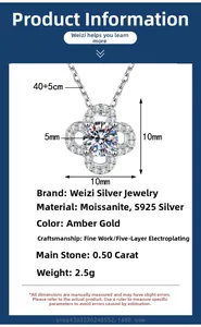 Détail macro du collier en argent S925 avec pendentif trèfle en moissanite 0,5 ct