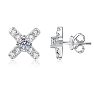 S925 sterling silver Moissanite stud earrings in X-shape with crossover diamond accents
