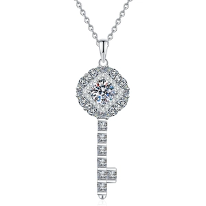 S925 sterling silver key pendant necklace with moissanite stones and brilliant cut details