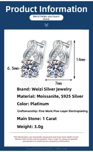 Detail view of 1ct moissanite S925 silver earrings with dimensions 14mm by 7mm