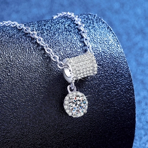 Elegant moissanite cylinder pendant necklace with sparkling halo stone in silver finish