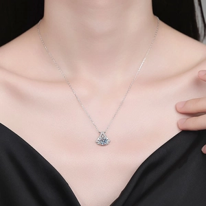 Elegant S925 sterling silver moissanite necklace with fan-shaped pavé diamond pendant on model