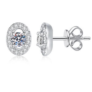 Elegant S925 sterling silver oval moissanite stud earrings with a halo diamond setting