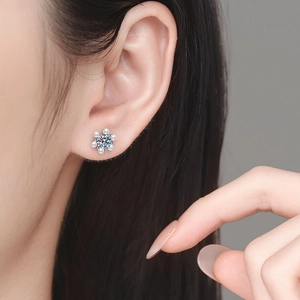 Elegant S925 sterling silver sunflower stud earrings with moissanite and pearls on ear