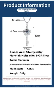Detailed specs for S925 silver moissanite crown key necklace with 40+5cm chain length