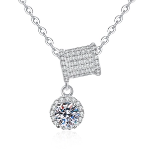 Moissanite halo cylinder necklace in silver tone with brilliant cut pendant for women