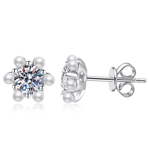 S925 sterling silver moissanite stud earrings with sun flower pearl design for women