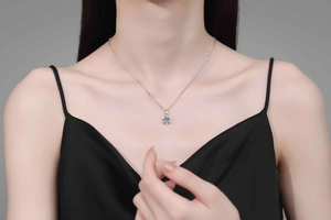 Close-up of elegant S925 sterling silver snowflake pendant necklace with moissanite on model