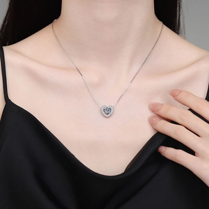 925 sterling silver heart necklace with 1-carat moissanite pendant worn by model