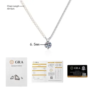 Detail of Moissanite necklace with round cut pearl chain and official GRA certificate