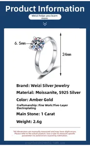 Detail view of 1ct Moissanite S925 silver solitaire ring with 6.5mm stone measurements